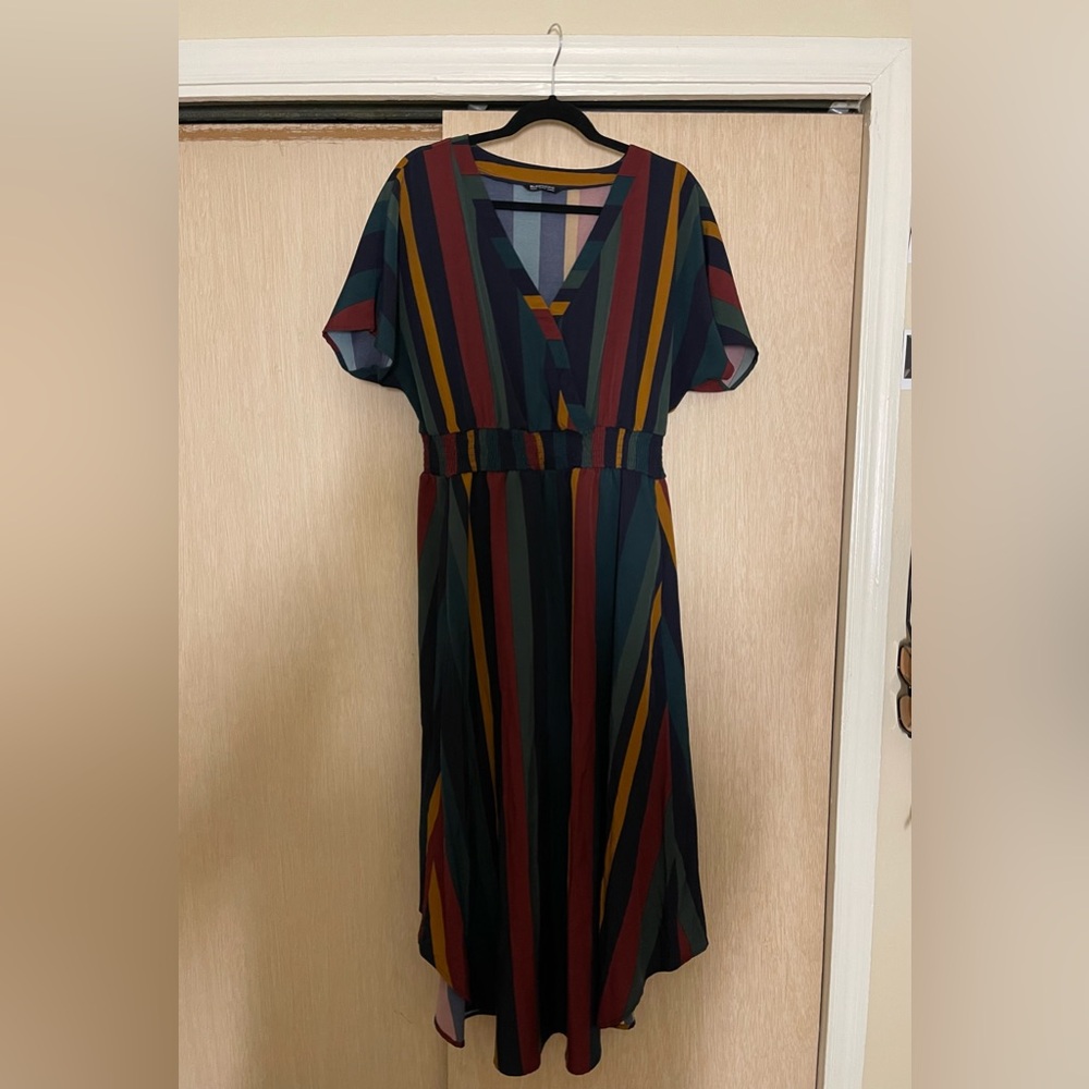 Striped Dolman Sleeve Pocket Wrap Dress